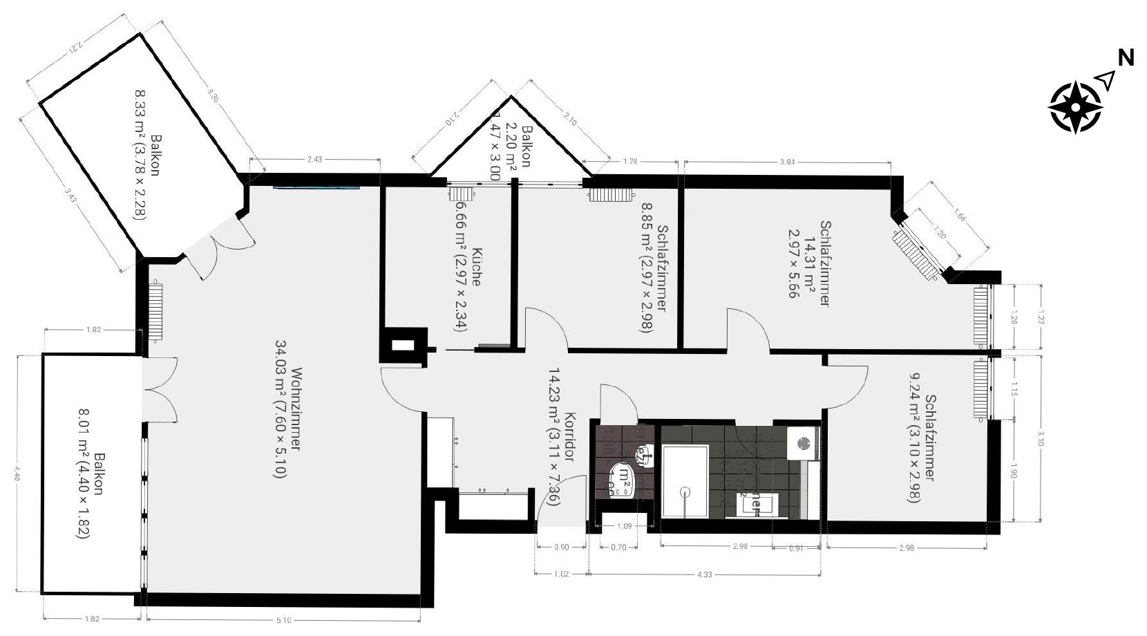 Grundrisserfassung der Wohnung mit Flächenangaben