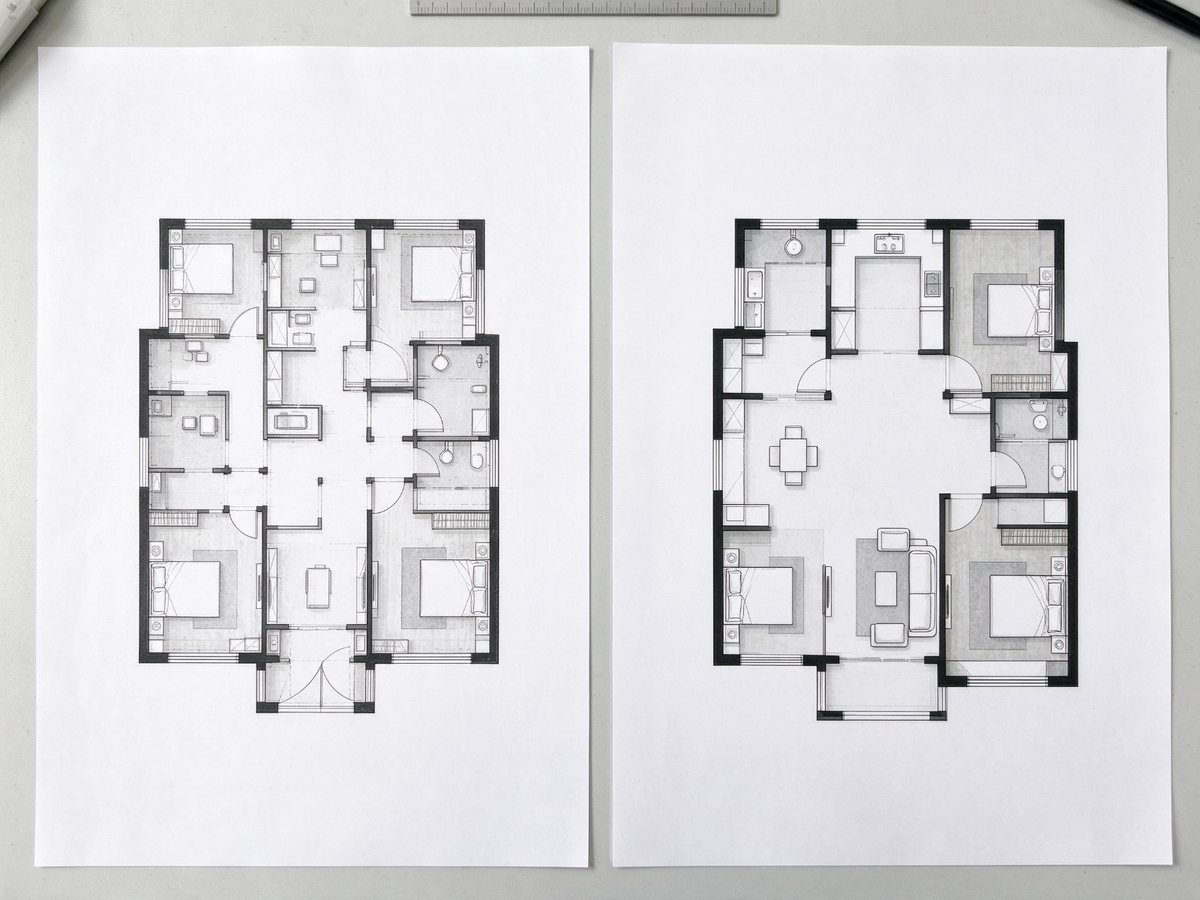 Grundriss einer Wohnung vorher und nachher als Zeichnung nebeneinander